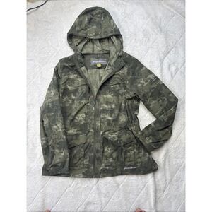 Eddie Bauer  travelx Jacket Green Camo Zip Hooded Windbreaker  Petite Large